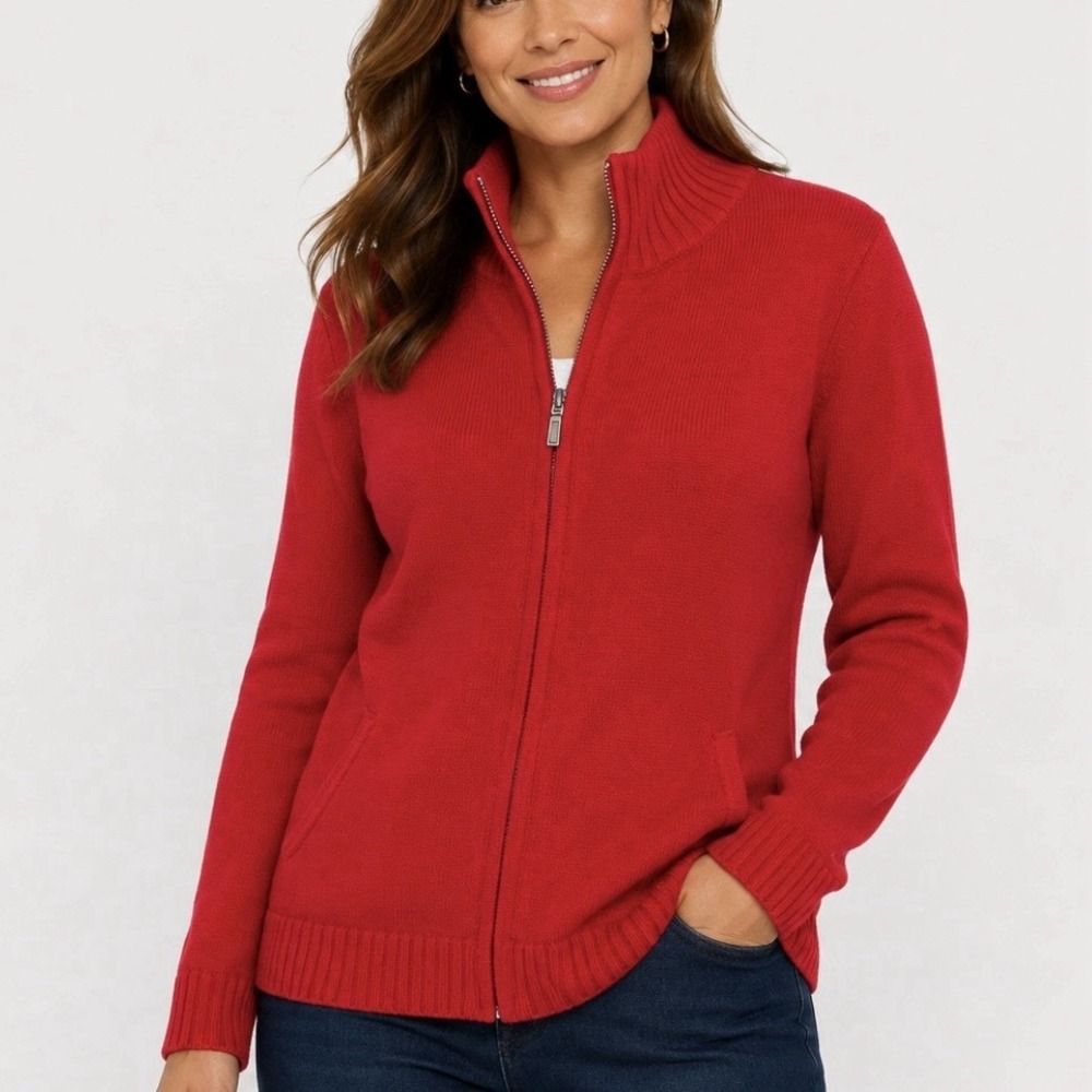 LL Bean Red Flannel Lined Full Zip Mock Neck Cardigan Sweater Pockets LARGE